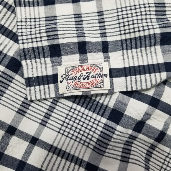 Flag & Anthem Mens XL Plaid Pattern Navy Blue White Button Down Shirt Pocket - Picture 10 of 16